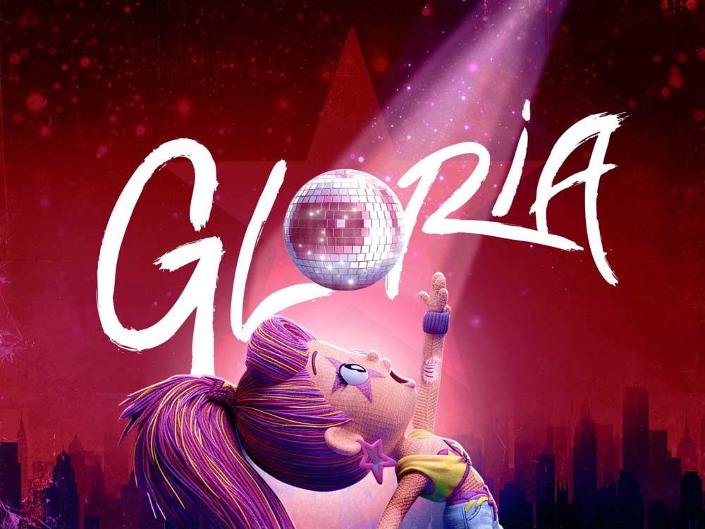 Puppet character of Gloria with disco ball and cityscape, with 'Gloria' text on a red background surrounded by glitter.