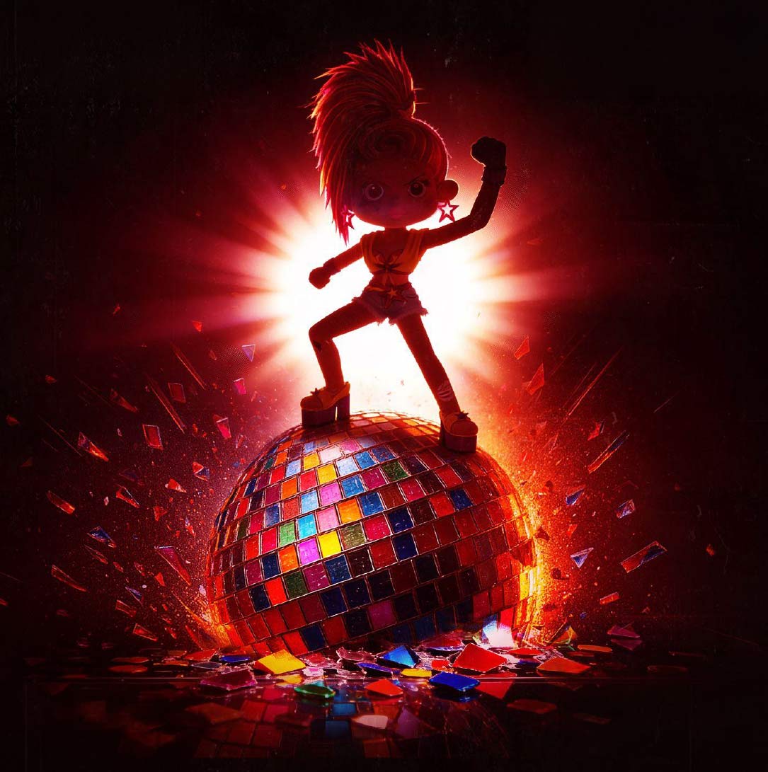 Puppet figure of Gloria standing atop a disco ball thats fallen to the floor, and the bottom is shattered. She has her fist up in the air in a celebratory pose.